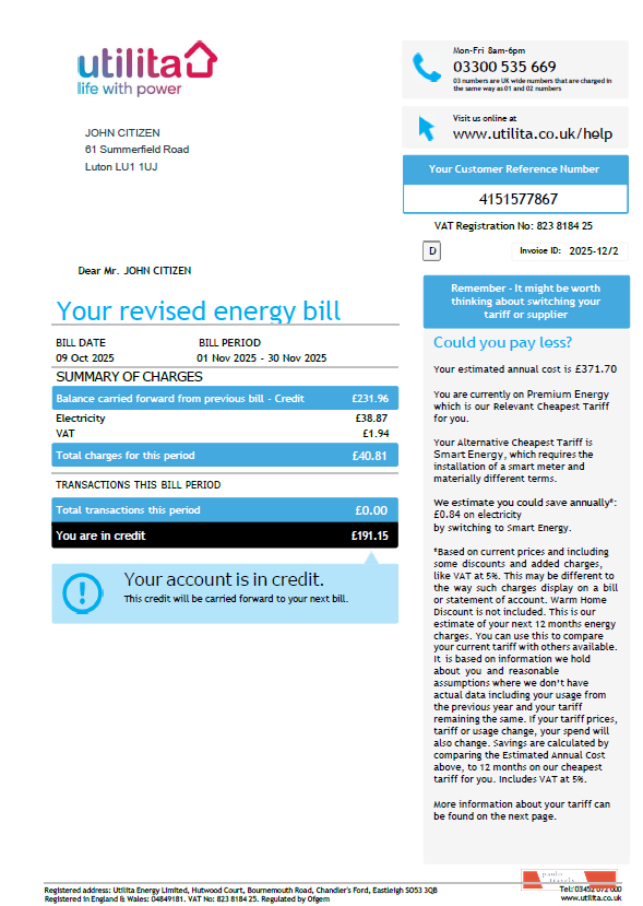 United Kingdom Utilita Energy utility bill template in Word and PDF formats